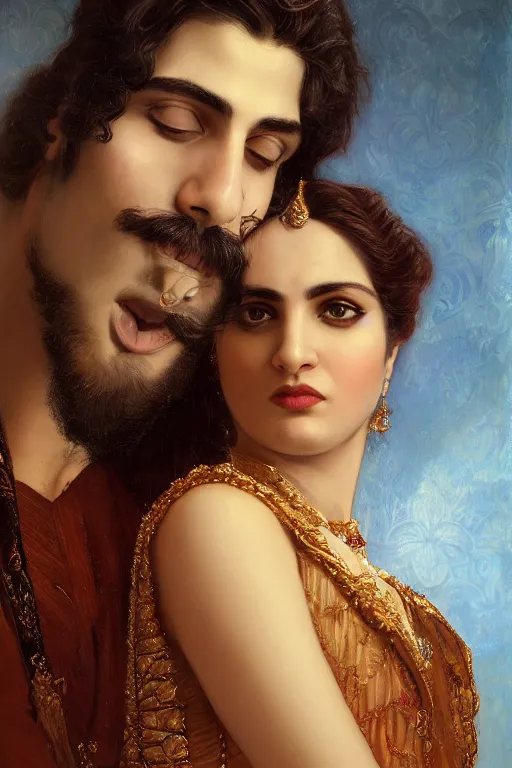 Image similar to a portrait of handsome young male indo-persian Satan and his elegant beautiful indo-persian wife, bored, illustration, dramatic lighting, soft details, painting oil on canvas, art nouveau, octane render, HDR, 4k, 8k, HD, by Edmund Blair Leighton, Brom, Charlie Bowater, trending on artstation, faces by Tom Bagshaw, Sargent