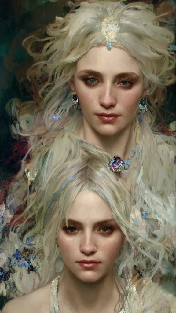 Image similar to a highly detailed beautiful white haired woman, adorned with precious stones, by jeremy mann and alphonse mucha 4 k resolution, trending on artstation, very very detailed, masterpiece, stunning,