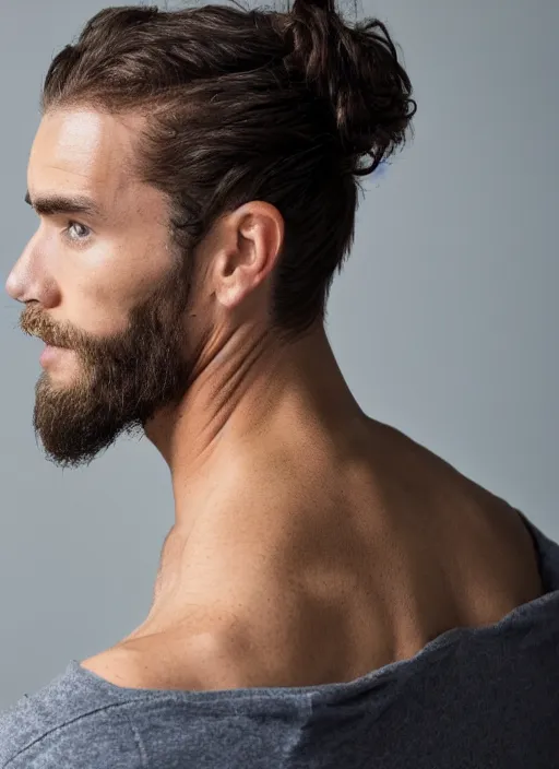 Prompt: a skinny young white male with a dark curly brown man bun