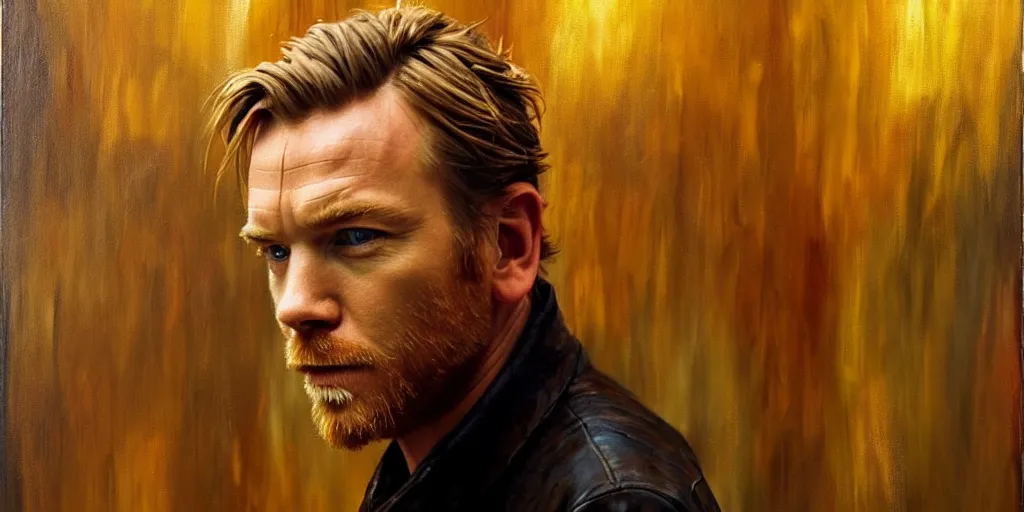 Image similar to we see ewan mcgregor from side. atmospheric feeling, warm colours, brown colours, yellow colours, epic scene, cinematic, very detailed, oil painting