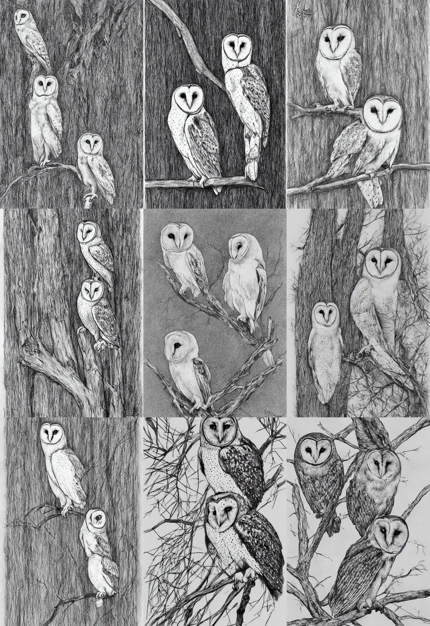 Prompt: realistic line drawing of a barn owl standing on a branch by Roberta Ekman, black and white, pen & ink drawing, concept art