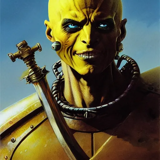 Image similar to ( ( ( head and shoulders portrait of a gaunt noseless yellow - skinned bald githyanki warrior in a breastplate, wielding a magical silver greatsword ) ) ), greg rutkowski, frank frazetta, alexandre chaudret, boris vallejo, michael whelan, miro petrov, magali villeneuve, donato giancola, d & d