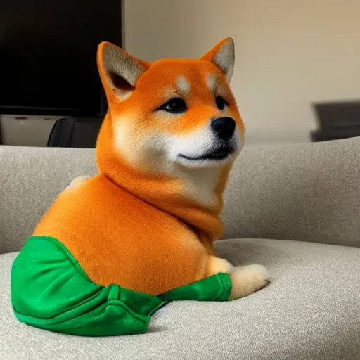 Image similar to a Shiba Inu wearing a green hoodie sitting on a couch, photo, trending on artstation, HDR, nicely detailed, 8k