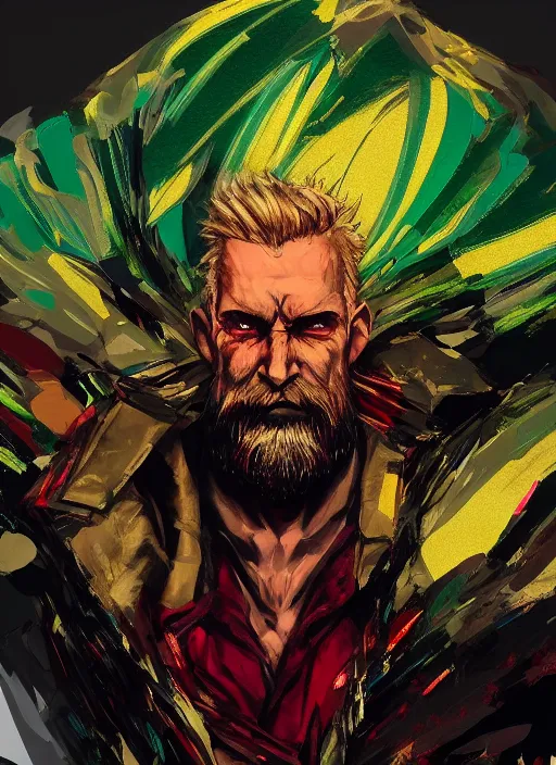 Image similar to Full body portrait of an old muscular man with blonde hair and beard red, green and gold jacket. In style of Yoji Shinkawa and Hyung-tae Kim, trending on ArtStation, dark fantasy, great composition, concept art, highly detailed.