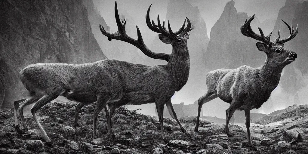 Image similar to rotting deer, dolomites, alpine, detailed intricate insanely detailed octane render, 8k artistic 1920s photography, photorealistic, black and white, chiaroscuro, hd, by David Cronenberg, Raphael, Caravaggio