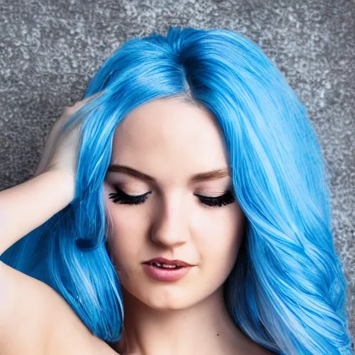 Image similar to blue haired blue eyes girls wearing blue mini dress, back photo, pretty face, studio photo, uhd, 4k