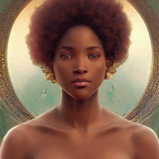 Image similar to portrait of an afro goddess, intricate, elegant, highly detailed, digital painting, artstation, concept art, smooth, sharp focus, illustration, art by artgerm and greg rutkowski and alphonse mucha and william - adolphe bouguereau