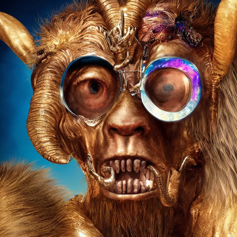 Prompt: octane render portrait by national geographic and wayne barlow and carlo crivelli and glenn fabry, a fabulous colorful demon with the head of a goat wearing sunglasses and an iridescent silver latex suit, a secret ancient greek mystery cult, cinema 4 d, ray traced lighting, very short depth of field, bokeh