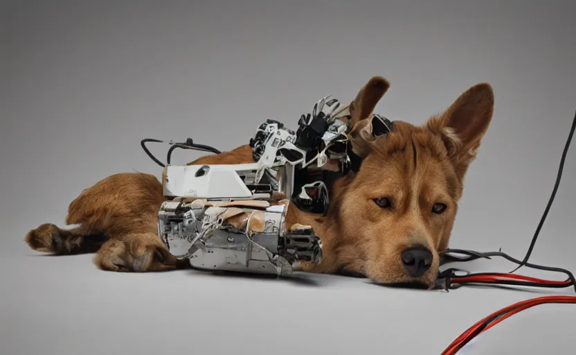 Image similar to wounded laying dog robot, sad eyes, photography, wires, circuit, electricity, realistic