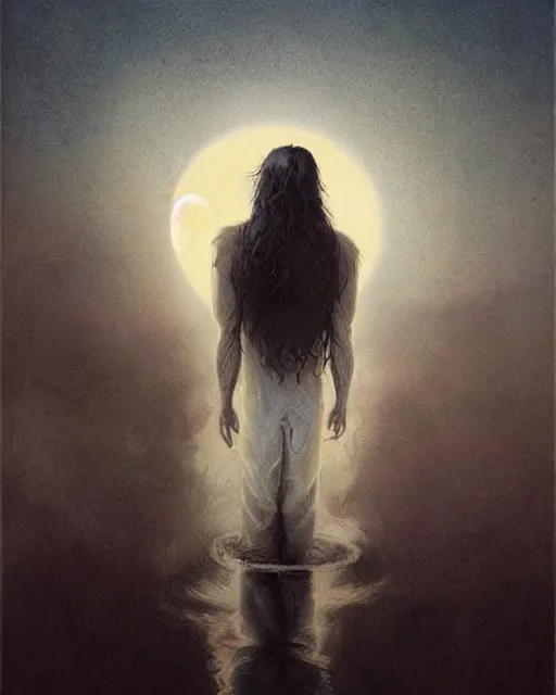 Image similar to portrait of a man with long black hair and beard holding a bird, full moon in the background, fine portrait, beautiful, concept art, by greg rutkowski, by jean delville