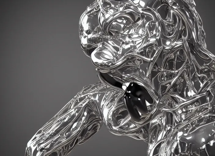 Image similar to stylized shiny polished silver statue full body extra limbs bizarre cosmic horror demonic demon made of marble of disney character mickey mouse, perfect symmetrical body, perfect symmetrical face, hyper realistic, hyper detailed, by johannen voss, by michelangelo, octane render, blender, 8 k, displayed in pure white studio room