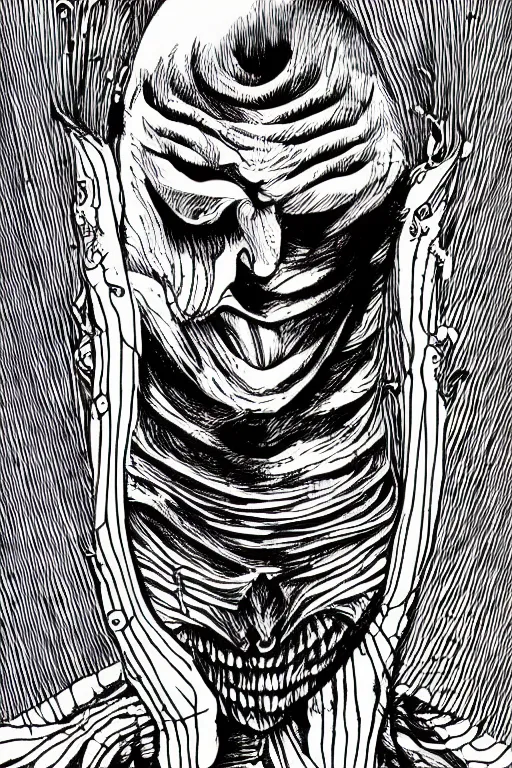 Prompt: scary man without face, nightmare, style of junji ito, highly detailed, 8k, color ink drawing, thin clear line comics vector art, quill pen 1 px, background by hr giger