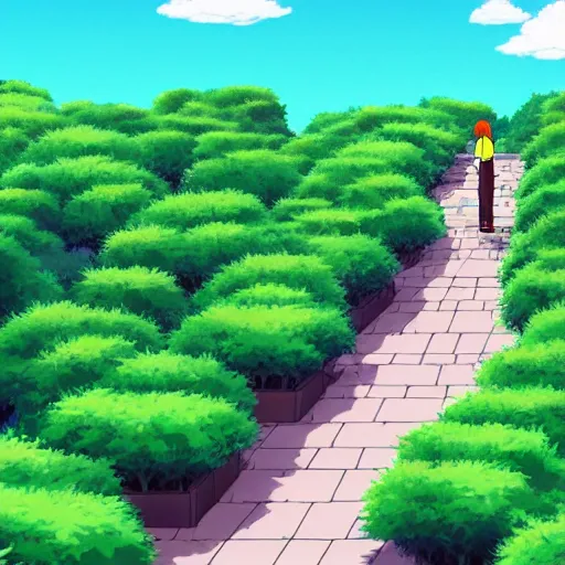 Prompt: Studio Ghibli hedge maze on the ground, animated, anime, illustrated, vibrant, by kyoto animation , low angle anime backdrop on artstation