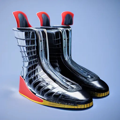 Image similar to subject photo photo of futuristic balenciaga and vetements sneakers by and giger and cronenberg, ultra rendered extreme realism and detail, 8 k, pbr, surreal, colorful, direct lighting,