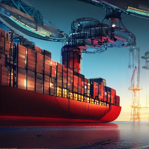 Image similar to photo of Immense industrial futuristic cargo ship arrives at cyber punk city sea port, cinematic lighting, photo