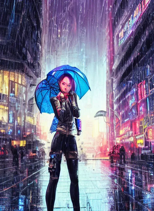 Image similar to girl, cyberpunk, goggles, pilot, standing in the rain with an umbrella, wet, raindrops, reflections, detailed city background, portait, made by stanley artgerm lau, wlop, rossdraws, james jean, andrei riabovitchev, marc simonetti, yoshitaka amano, artstation