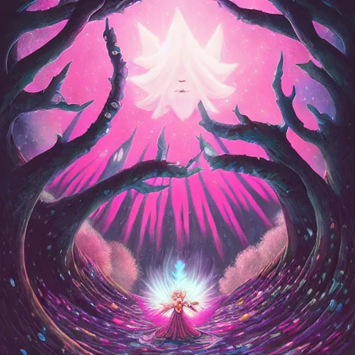 Prompt: magic the gathering lorwyn elemental, pink, flower blossoms, stars, night sky, hyper detailed, kawaii, by jacek yerka, lewandowski, hopper and gilleard, ryden, wolfgang lettl, hints of yayoi kasuma