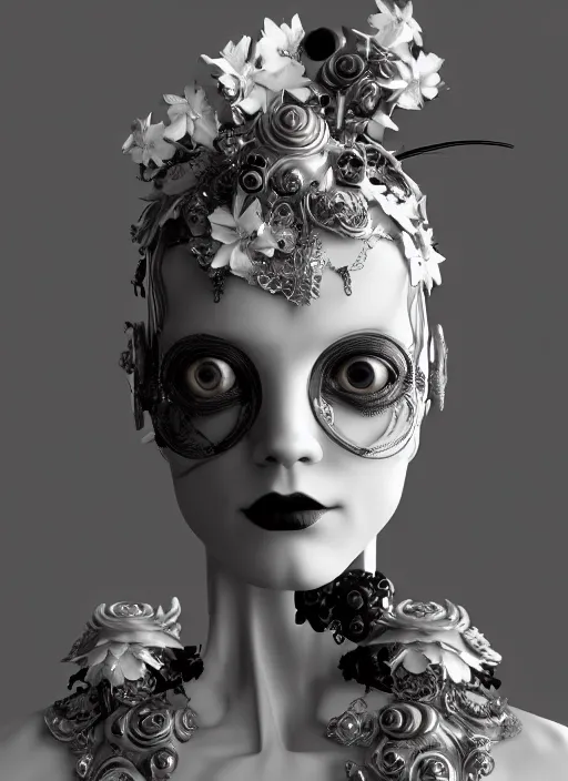 Image similar to black and white dreamy foggy poetic smoky profile face portrait, one silver steampunk realistic eye biomechanical beautiful angelic young female cyclope - cyborg - robot bust, body ribs meshes,, volumetric light, hibiscus flowers, by cecile beaton, rim light, big gothic fashion pearl embroidered collar, 8 k