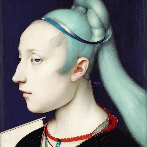 Prompt: a portrait of the young lady hatsune miku of the house lancaster by hans holbein, blue eyes, blue hair, porcelain skin, national portrait gallery, painting