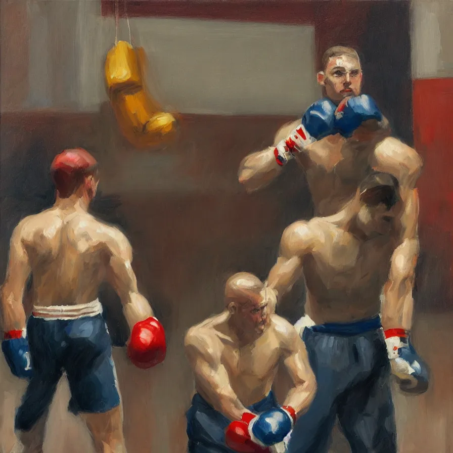 Image similar to a portrait of of boxing man, in the style of edward hopper, in the style of max ginsburg, realism, very small brushstrokes, cinematic lighting, moody, very aesthetic, boxing in an arena, big crowd in the back, flashing lights, 4 k,