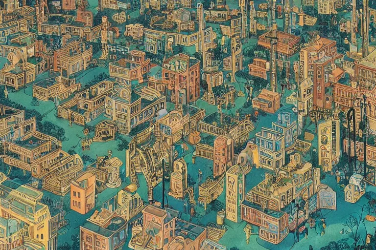 Image similar to an elaborate and dense painting of a peaceful neighborhood in tron, detailed, made of alcohol ink on parchment and penned illustrations, by wes anderson and geoff darrow
