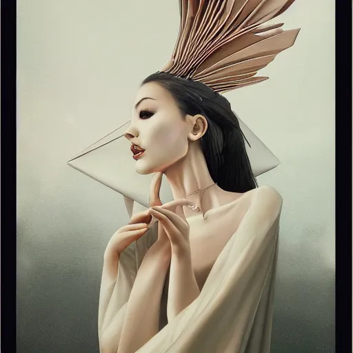 Image similar to 3 / 4 view of a beautiful girl wearing an origami dress, elegant, by esao andrews, by eiko ishioka, givenchy, by peter mohrbacher, centered, high depth of field, origami, detailed fashion illustration, vogue, japanese, reallusion character creator