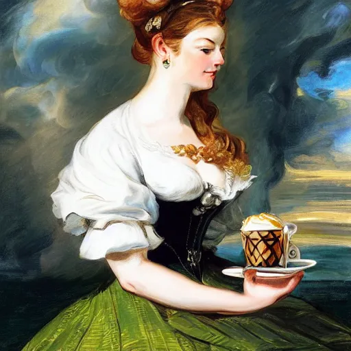 Image similar to eavenly summer sharp land sphere scallop well dressed lady holding a starbucks coffee, auslese, by peter paul rubens and eugene delacroix and karol bak, hyperrealism, digital illustration, fauvist, starbucks coffee, green coffee logo