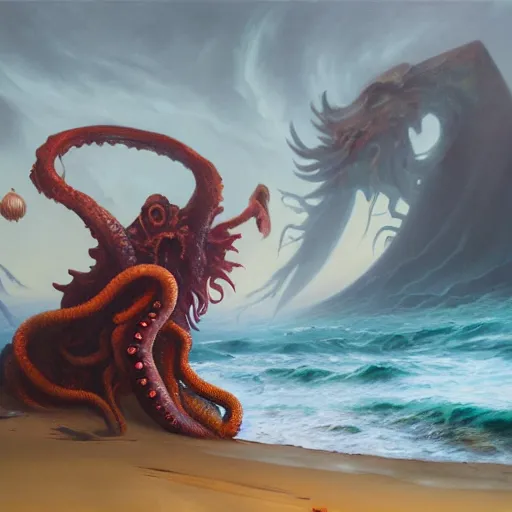 Prompt: oil painting of cthulhu rising from the ocean, epic scene, gigantic monster, peter mohrbacher