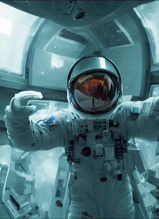 Image similar to concept art by craig mullins astronaut doing selfie in futuristic dark and empty spaceship underwater infrared selfie. infrared glowing lights. complex and hyperdetailed technical suit. reflection and dispersion materials. rays and dispersion of light. volumetric light. 5 0 mm, f / 3 2. noise film photo. flash photography. unreal engine 4, octane render. interstellar movie art