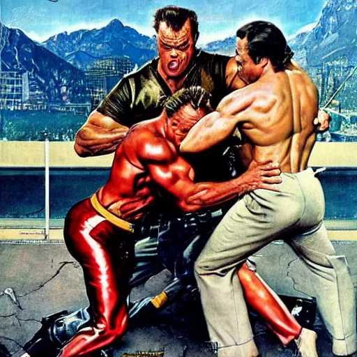 Image similar to Arnold Schzwarzenegger fights Jack Nicholson painted by norman rockwell and tom lovell and frank schoonover