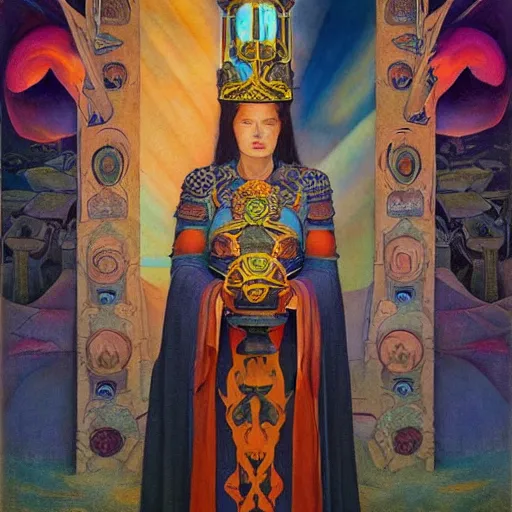 Image similar to queen of the dawn with her lantern and regalia, by donato giancola and nicholas roerich, and ( ( ( ( ( diego rivera ) ) ) ) ), symbolist, tattoos, dramatic lighting, elaborate geometric ornament, art brut, god rays, soft cool colors, smooth, sharp focus, extremely detailed