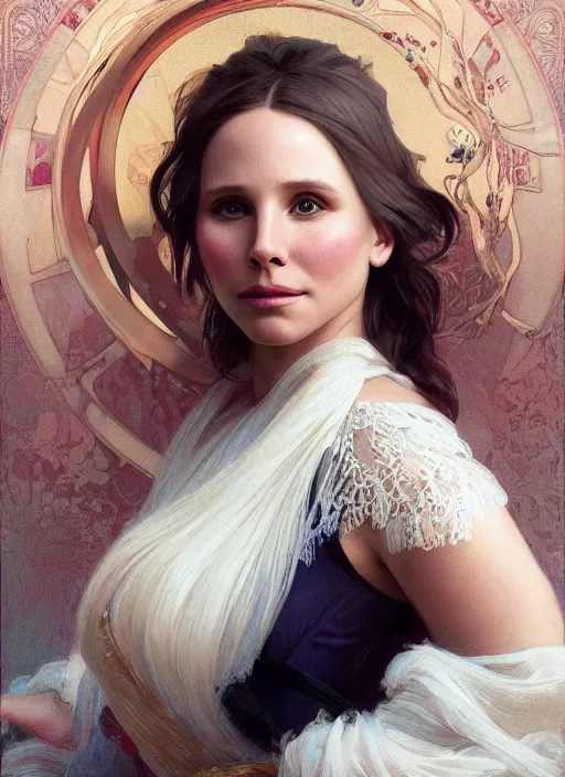 Image similar to beautiful portrait of chonky kristen bell, soft features, by magali villeneuve and greg rutkowski and artgerm and alphonse mucha and jeremy lipkin and rob hay, intricate, elegant, highly detailed, photorealistic, trending on artstation, trending on cgsociety, 8 k, sharp focus