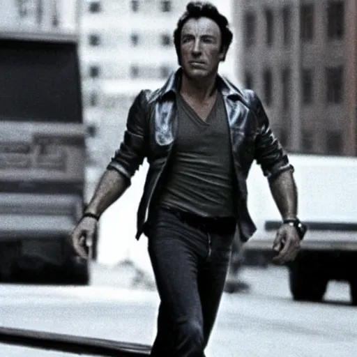 Prompt: Still of Bruce Springsteen in the movie ''Robocop of Wall Street'' (1976)