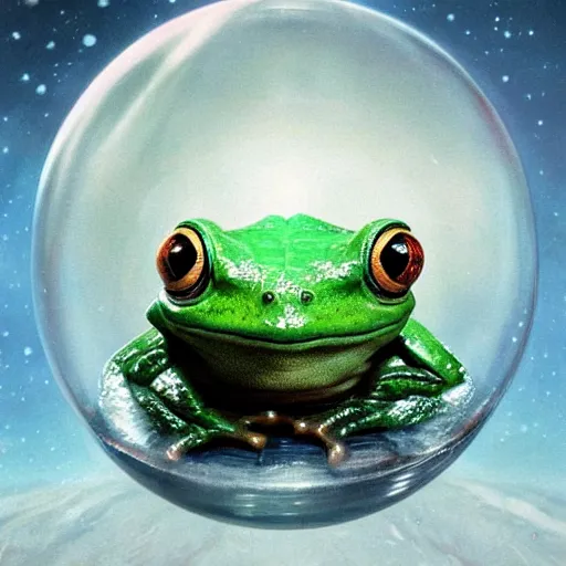 Prompt: medium close - up shot of a very cute alien frog sitting inside a giant glass sphere floating through space, concept art, by esao andrews, by m. w. kaluta, by pixar, cyberpunk, volumetric light, rich colors, very humorous!!!, realistic reflections, smooth, depth perception, tilt shift, 4 k, unreal engine 5, artstation