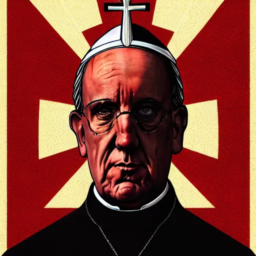 Image similar to cyberpunk pope francis with mitre as the leader of a futuristic communist nation, cybernetics, sharp lines, digital, artstation, colored in