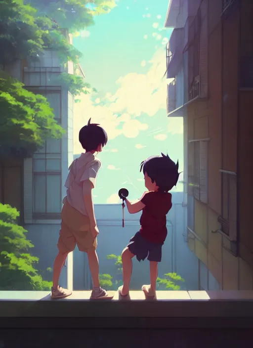 Prompt: boy teaching a girl using telescope on the balcony timidly, illustration concept art anime key visual trending pixiv fanbox by wlop and greg rutkowski and makoto shinkai and studio ghibli