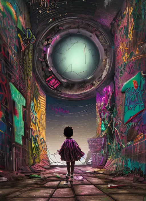 Prompt: a little black girl on a dilapidated sidewalk looking through a dirty graffiti wall into a round portal. inside the portal is a beautiful vaporwave cosmic futuristic city! beautiful, hyper detailed, intricate details, vibrant and vivid, cinematic volumetric lighting, deep rich color, digital art, bizarre, 8 k