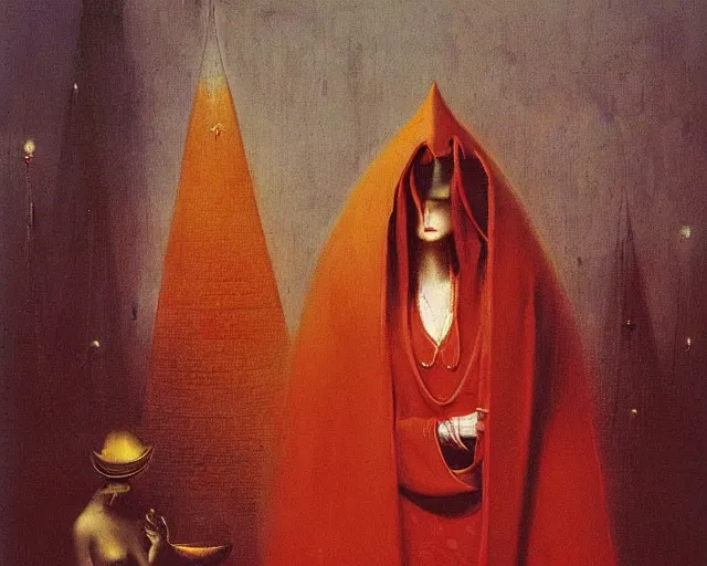 Image similar to devotion to the scarlet woman, priestess in a conical hat, coronation, ritual, sacrament, by francis bacon, beksinski, bosch, mystical redscale photography, opulence, luxury, maximalism.