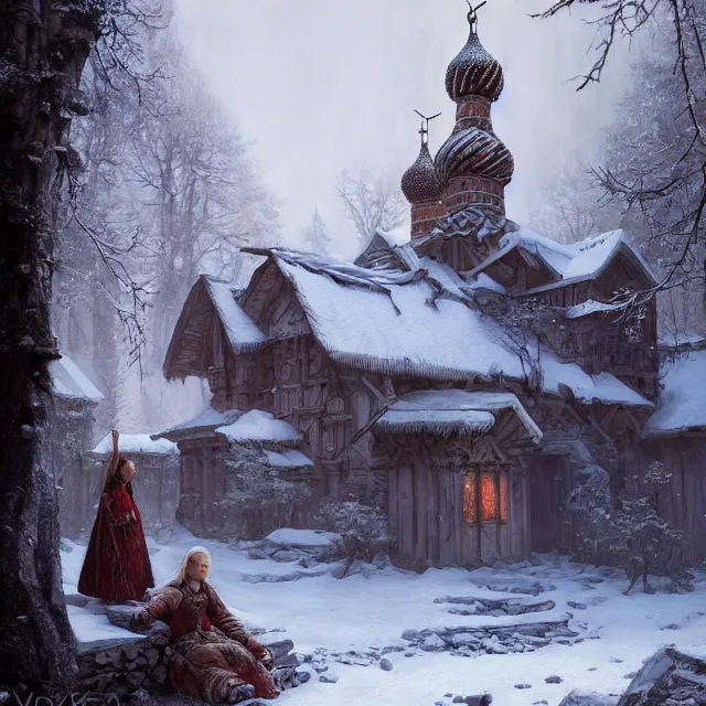 Image similar to russian folk fairytale, story, fable, dramatic, fantasy art, matte painting, an ultrafine detailed painting, academic art, ornate, inticate, elegant, sharp focus, artstation, by pavel korin, viktor vasnetsov, greg rutkowski