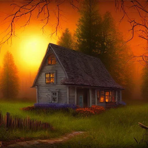 Image similar to cottage inspired by Evgeny Lushpin,overgrown,hunted,spooky, Halloween October, sunset