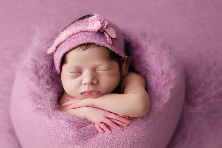 Image similar to beautiful sleeping newborn chubby baby girl wrapped in pink blanket inside a wooden basket on top of flowers and a furry pink carpet, newborn photography style, photographic, ultra realistic, highly detailed, octane render