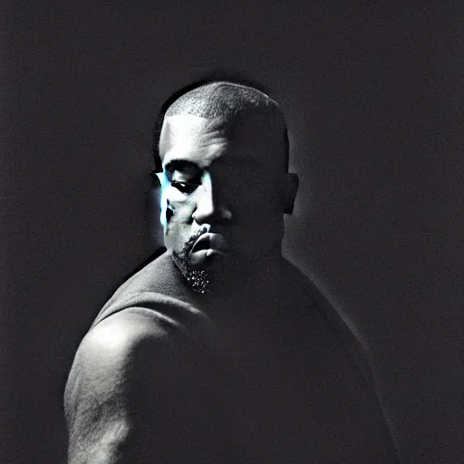 Image similar to a chiaroscuro lighting portrait of kanye west dressed as rick owens, black background, portrait by julia margaret cameron, shallow depth of field, 8 0 mm, f 1. 8