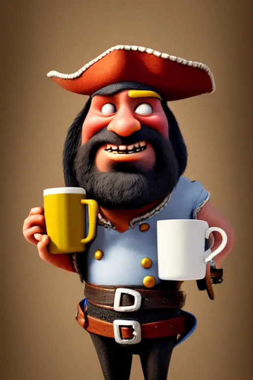 Prompt: portrait of the pirate blackbeard holding a cup of coffee, full body. pixar disney 4 k 3 d render funny animation movie oscar winning trending on artstation and behance. ratatouille style.