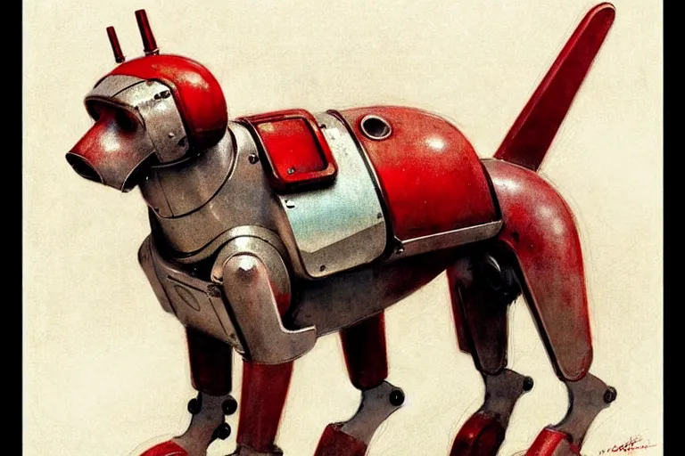 Prompt: discover ( ( ( ( ( 1 9 5 0 s retro future robot android dog. muted colors. ) ) ) ) ) by jean baptiste monge!!!!!!!!!!!!!!!!!!!!!!!!! chrome red