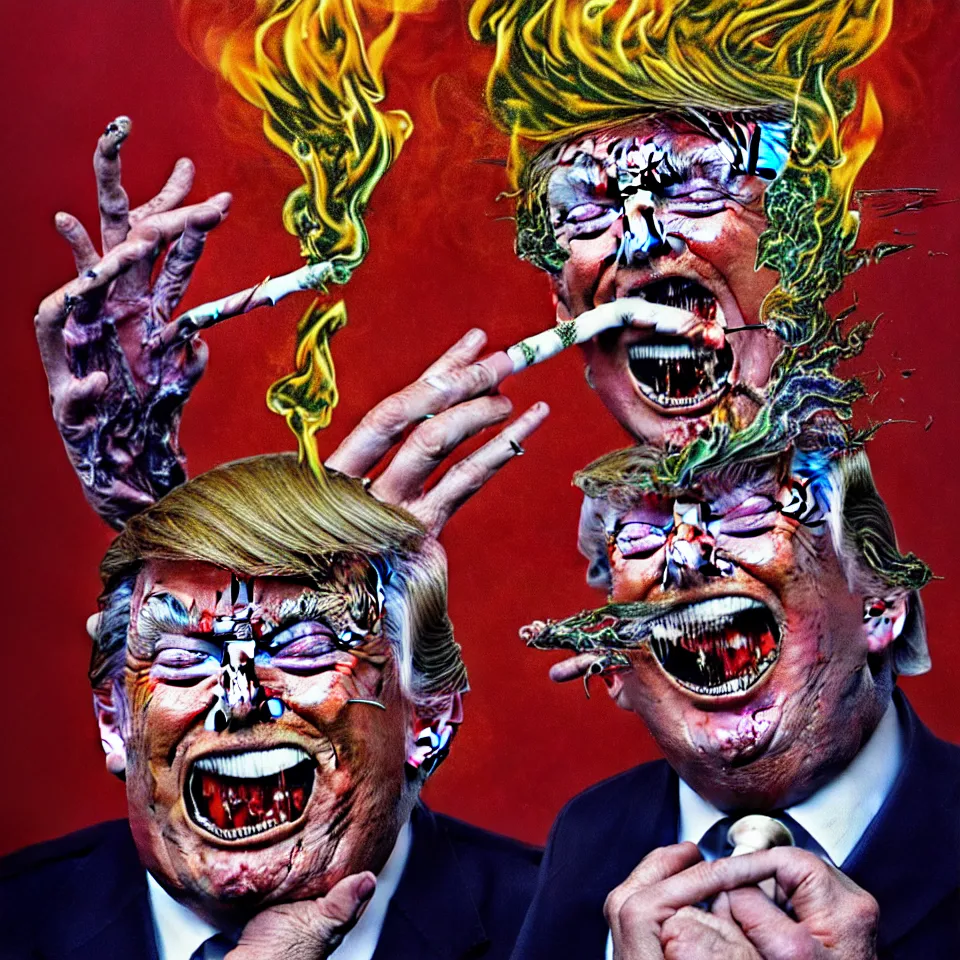 Image similar to weird and disturbing psychedelic donald trump smoking weed, laughing and screaming, ash burned on his face, horrible burns, diffuse lighting, fantasy, intricate, elegant, highly detailed, lifelike, photorealistic, oil painting, illustration, concept art, smooth, sharp focus, art by francis bacon