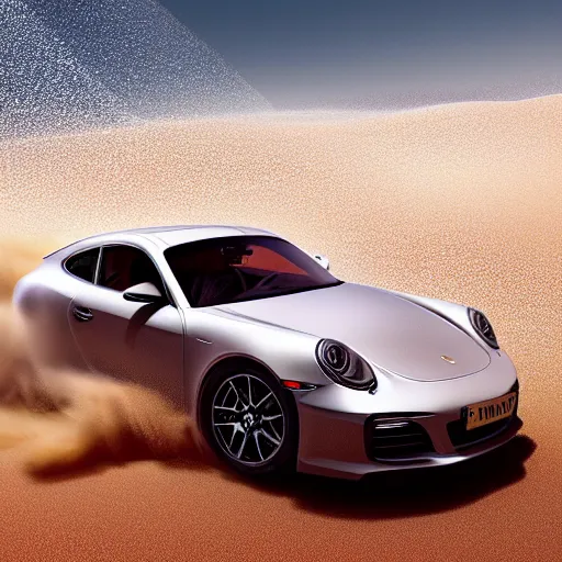 Prompt: a sports magazine image a slick, new, and cool looking porche drifting down a sand dune in the Arabian desert during a monsoon dust storm, Haboob in the background w/ bolts of lightning striking the dubai desert, fantasy illustration, detailed painting, and deep color