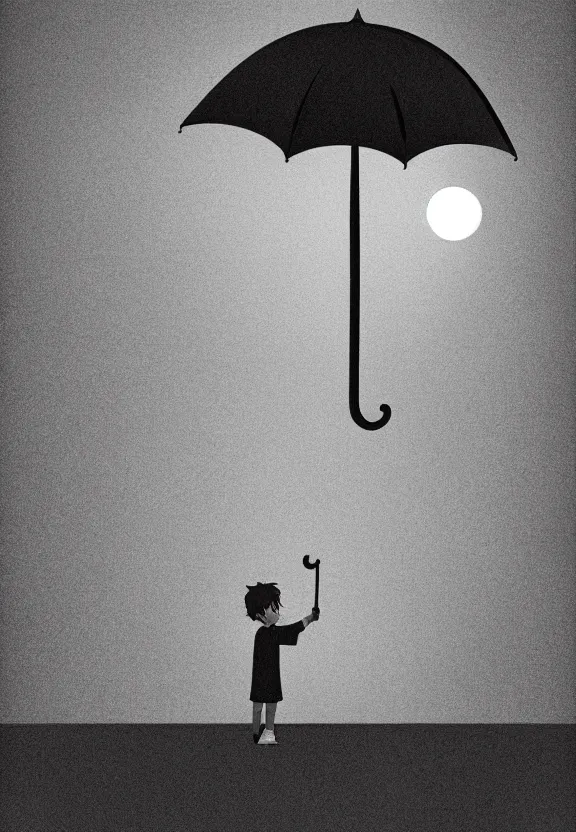 Image similar to little boy standing, holding umbrella, at night, full moon, cute anime style, black and white artwork, minimalist background