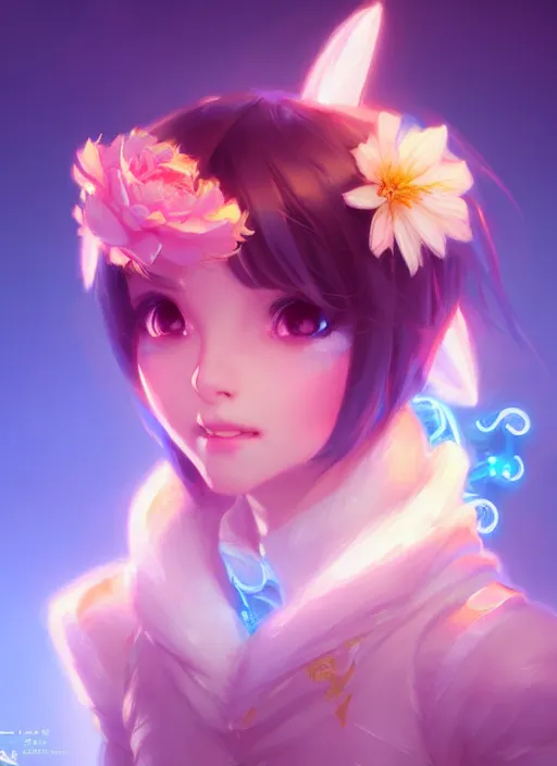 Prompt: cute little dragon, flowers, neon blue, light pink, gold, diamonds, highly detailed, artgerm, cushart krenz, artstation, soft light, sharp focus, illustration, character design, concept art