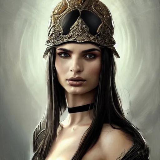 Image similar to an attractive young tattooed female wearing an black ornate metallic helmet, emily ratajkowski, olive skin, long dark hair, beautiful bone structure, intricate, elegant, highly detailed, digital painting, artstation, concept art, smooth, sharp focus, illustration, art by artgerm and greg rutkowski and alphonse mucha