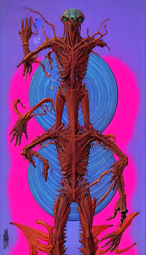 Image similar to ( ( ( ( a humanoid creature from another planet. ) ) ) ) by mœbius!!!!!!!!!!!!!!!!!!!!!!!!!!!, overdetailed art, colorful, artistic record jacket design